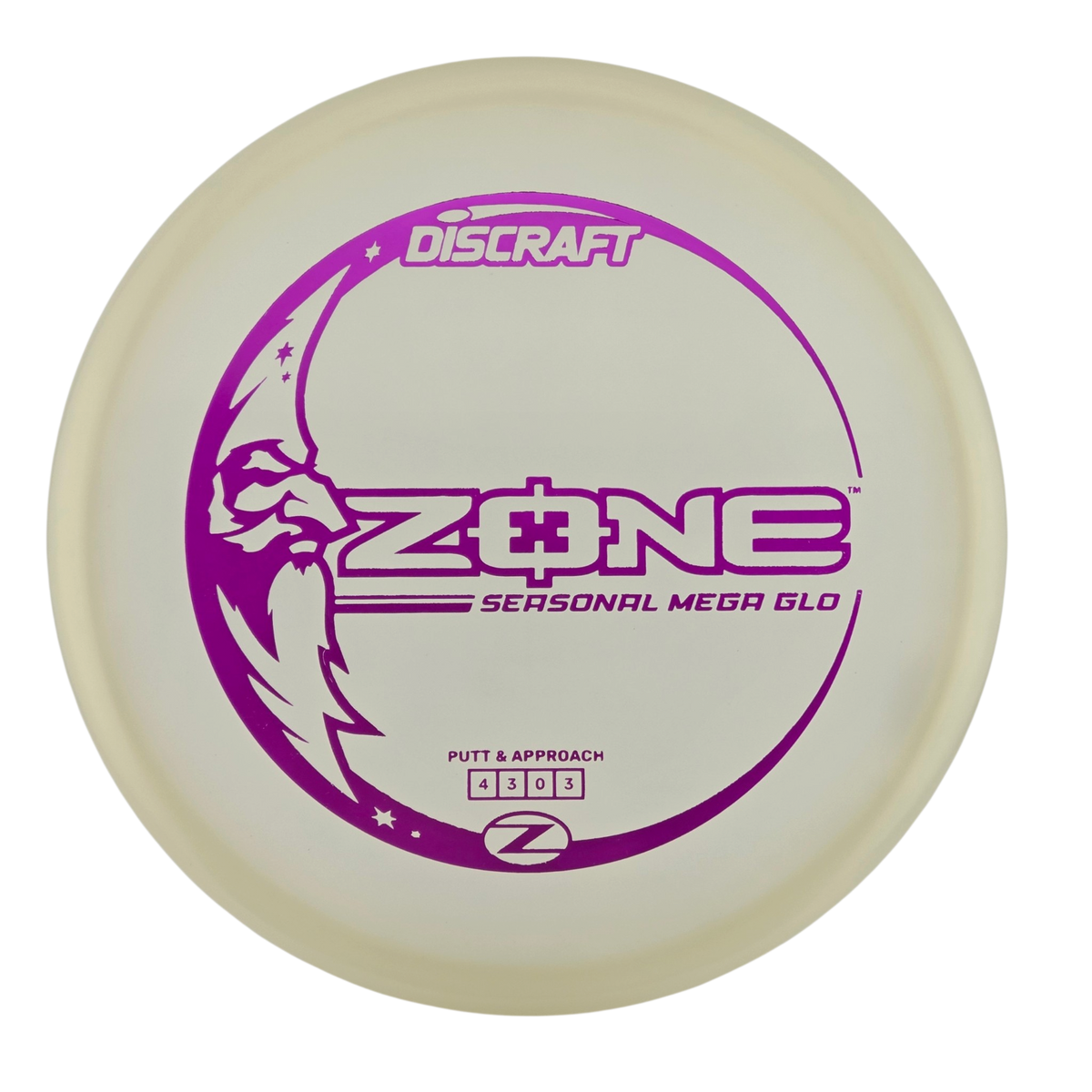 A Discraft Zone Seasonal Mega Glo putt and approach disc golf disc, featuring a translucent off-white body with a prominent purple graphic design.