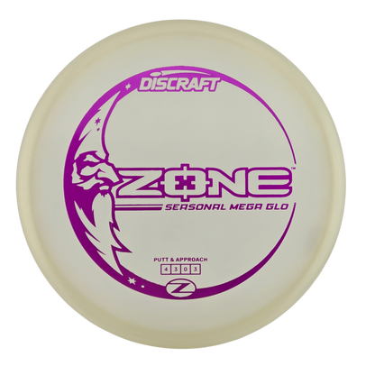 A Discraft Zone Seasonal Mega Glo putt and approach disc golf disc, featuring a translucent off-white body with a prominent purple graphic design.