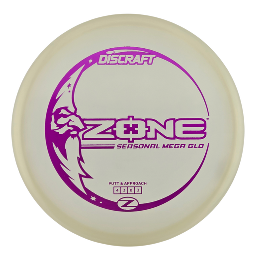 A Discraft Zone Seasonal Mega Glo putt and approach disc golf disc, featuring a translucent off-white body with a prominent purple graphic design.