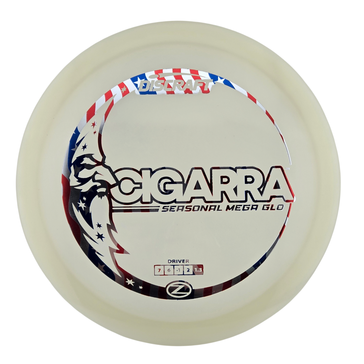 A disc golf disc on a solid white background, featuring the 'CIGARRA' model name with a red, white, and blue patriotic eagle graphic.