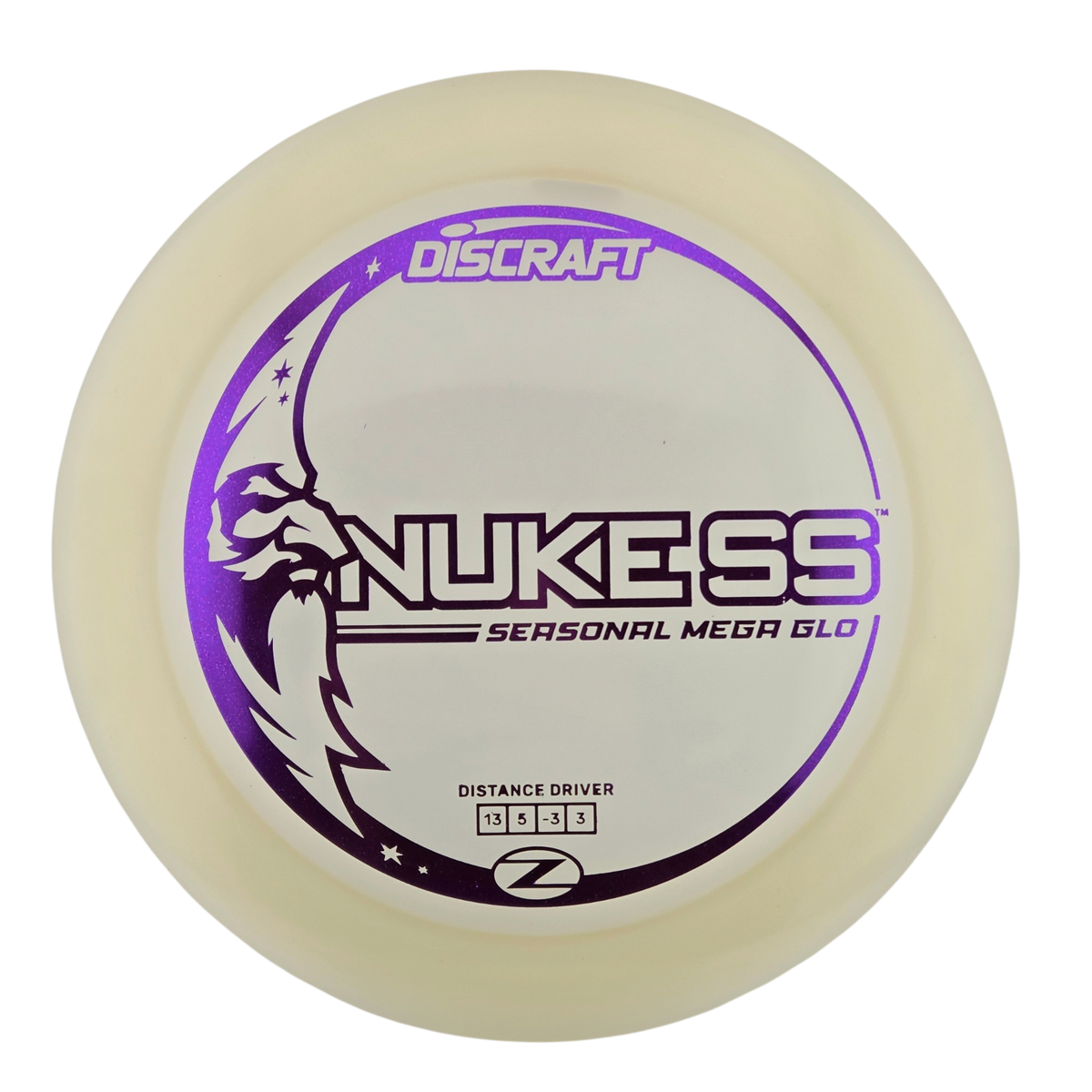 A Discraft Nukess Seasonal Mega Glo distance driver disc golf disc, featuring a translucent off-white plastic body with a purple and black printed graphic on a white background.