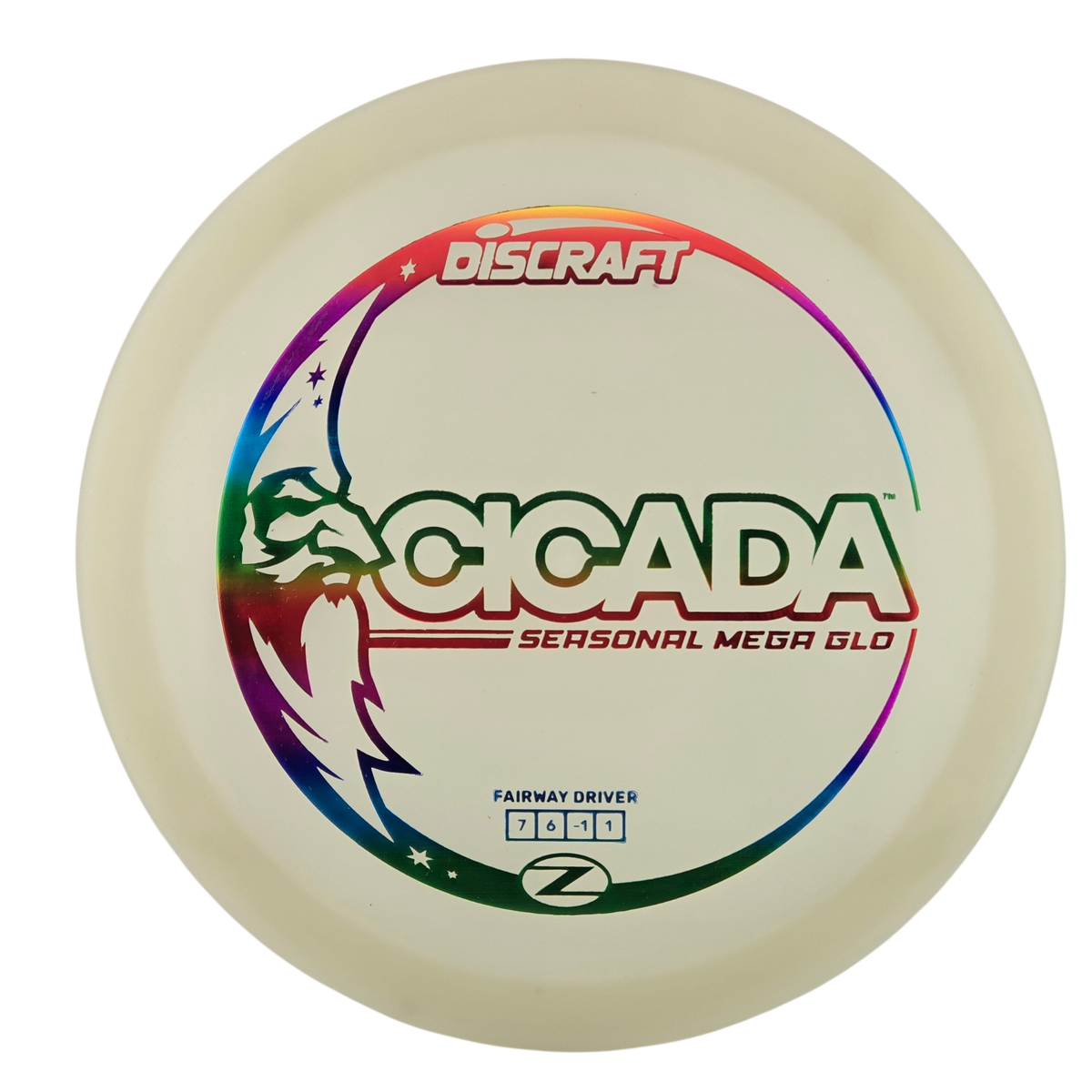 A Discraft Cicada fairway driver disc golf disc, featuring a translucent cream-colored plastic body with a vibrant rainbow graphic and green, red, and black printed text.
