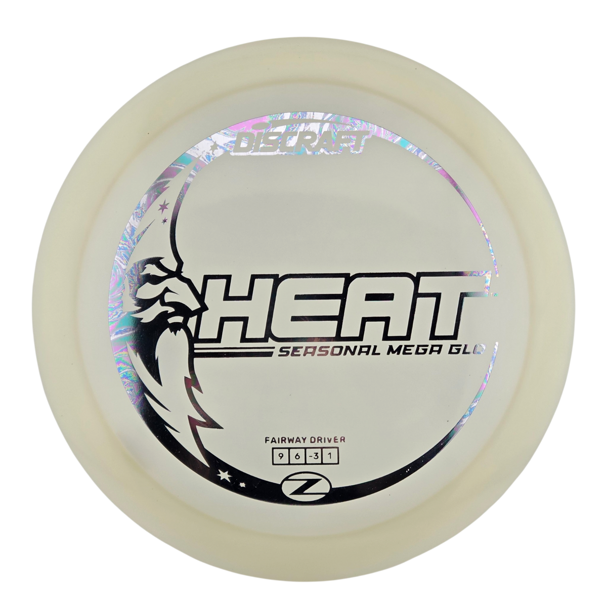 A disc golf disc, specifically a Z-Line Heat Seasonal Mega Glide fairway driver, featuring a translucent off-white plastic body with a black and holographic graphic design on the top.