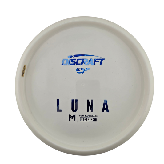 A white Discraft EGP Luna disc golf putter and approach disc on a solid white background, showing blue printed logos and text.